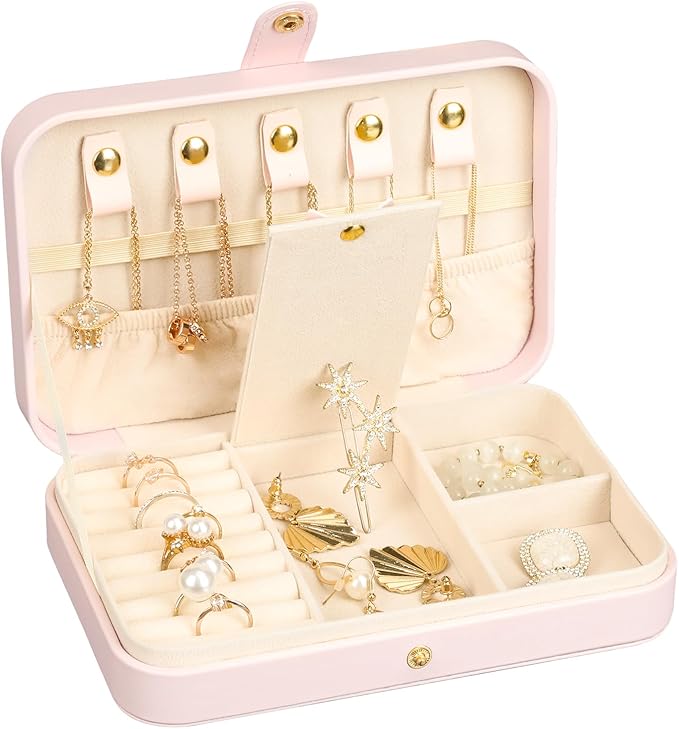 Small Jewelry Box, Travel Jewelry Case Portable Jewelry Boxes for Women, 2-Layer Mini Jewelry Travel Organizer, Gift for Women Girls,Pink B