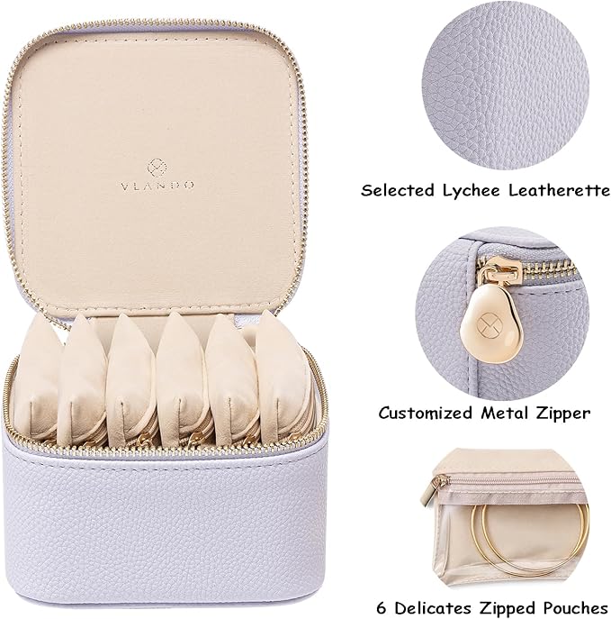 Vlando Travel Jewelry Box Organizer - 6 Small Velvet Zipped Pouches Pockets for Jewelries Necklaces Rings Earrings Sorting Storage, Lilac Purple