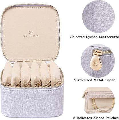 Vlando Travel Jewelry Box Organizer - 6 Small Velvet Zipped Pouches Pockets for Jewelries Necklaces Rings Earrings Sorting Storage, Lilac Purple