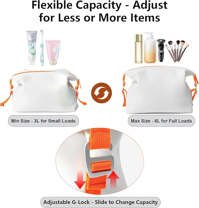 Vomgomfom 3L 6.5 Inch Silicone Toiletry Bag, Waterproof Leakproof Travel Cosmetic Organizer, Adjustable G-Buckle Compression Dopp Kit, Foldable Makeup Bag for Women & Men, White