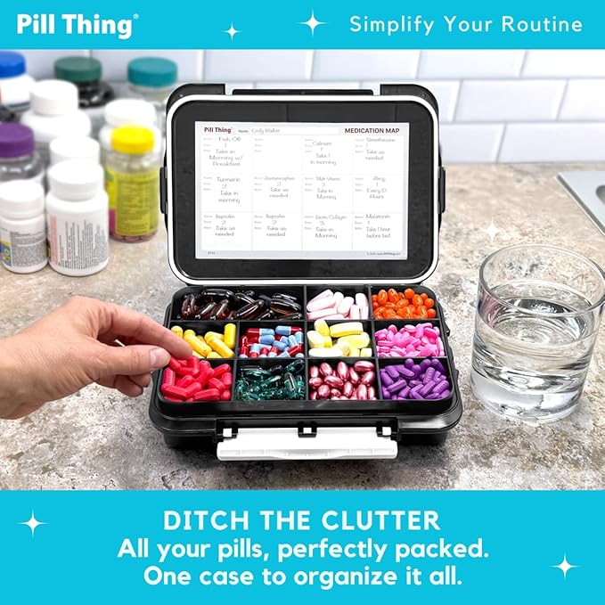 12-Compartment Weekly Pill Box Case with Removable Dividers, Waterproof, Travel-Friendly, with Medication Map and Medical Alert Cards (Black, 2 Pack)