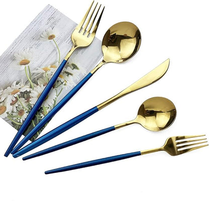 JASHII Blue Gold Silverware Set, 20-Piece Stainless Steel Satin Finish Flatware, Kitchen Utensils, Mirror Polished Tableware Cutlery for Home and Restaurant, Dishwasher Safe