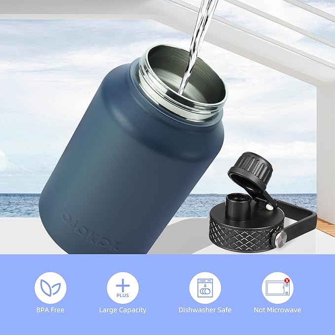 BJPKPK Insulated Water Bottles with Straw Lid, 50oz Large Water Jug, Stainless Steel Vacuum Bottles, Hot & Cold Thermo with 3 Lids and Paracord Handle,Stainless Steel