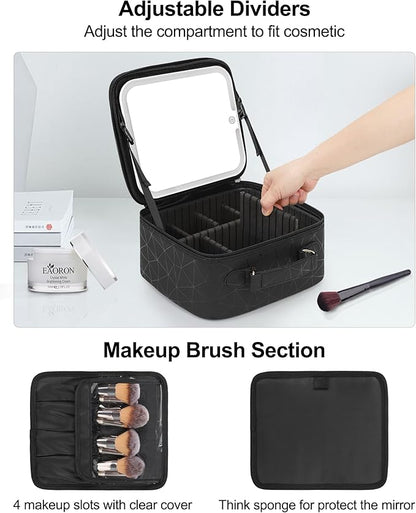 Chomeiu Makeup Bag with LED Mirror, Cute Cosmetic Bags Birthday Gifts for Girls Women, Makeup Train Case Artists Organizer Large Make Up Bags with Light Up Mirror 3 Color Lights, Black Geometric