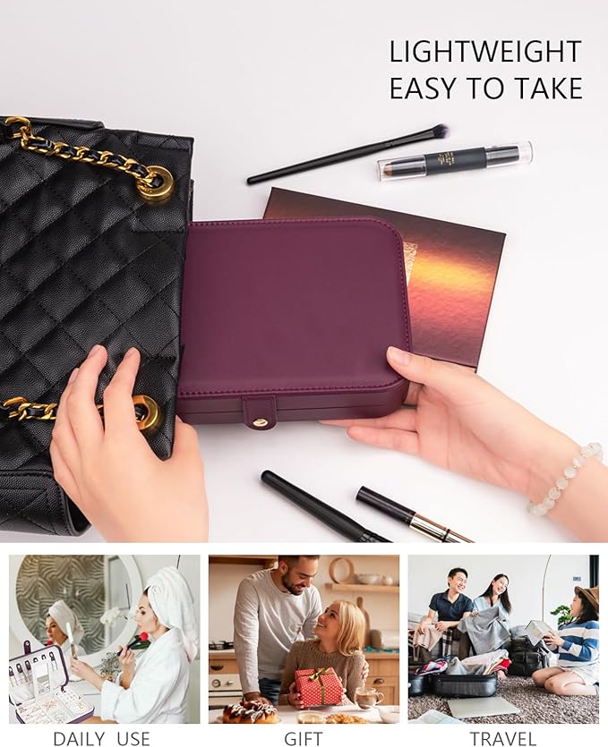 2-Layer Travel Jewelry Box for Women, Portable Jewelry Organizer with Mirror & Removable Dividers, PU Leather Jewelry Case – Gift for Wife, Mom, Girlfriend (Burgundy White)