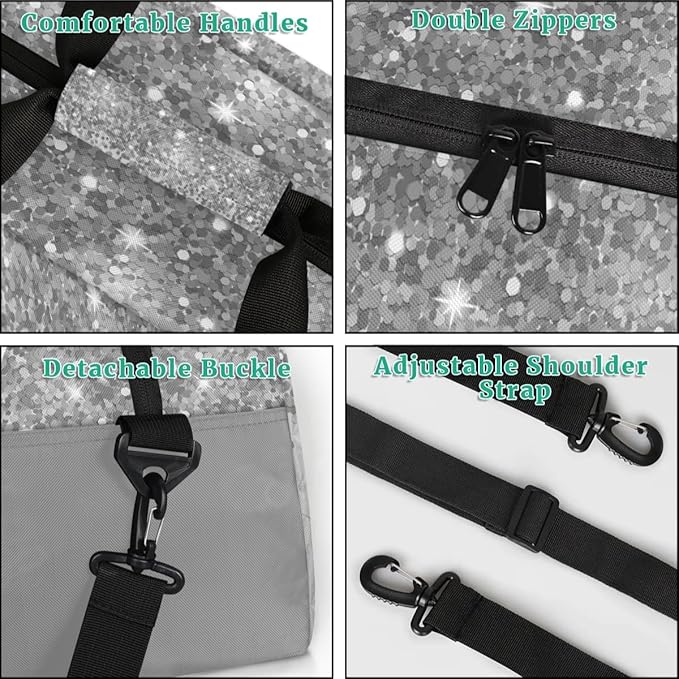 Personalized Kids Sports Duffel Bag with Name Custom Weekender Overnight Bag for Boys Girls Gym Bag Travel Dance Gymnastics Duffel Bag, Gray Glitter