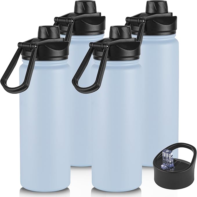 16 oz Insulated Water Bottle with Straw Lids, Stainless Steel Kids Water Bottles for School, Double Wall Vacuum Metal Water Bottle with Straw & Wide Mouth Lid, Light Blue 4 Pack