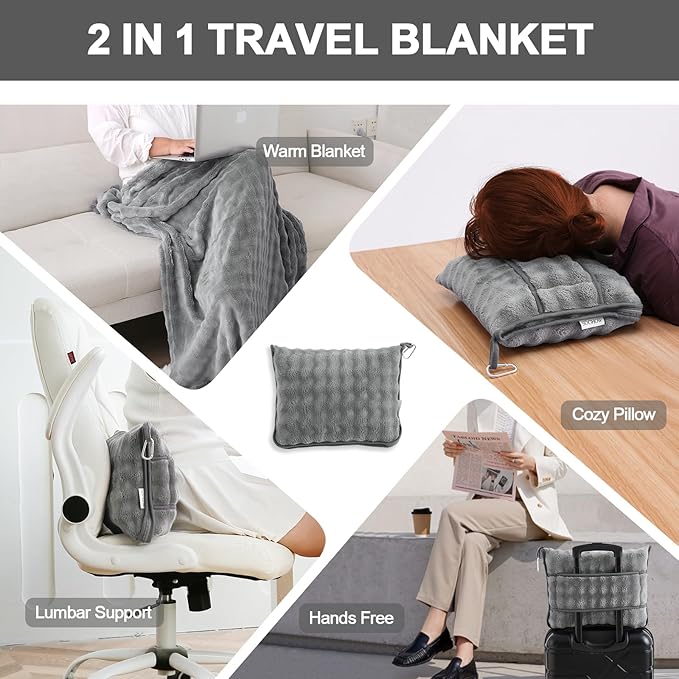 SOCHOW Travel Blanket for Airplane Train and Car, Soft Travel Blanket or Pillow 2 in 1 Compact with Portable Bag Pillowcase, Flight Blanket with Luggage Sleeve and Backpack Clip, Grey
