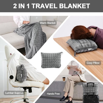 SOCHOW Travel Blanket for Airplane Train and Car, Soft Travel Blanket or Pillow 2 in 1 Compact with Portable Bag Pillowcase, Flight Blanket with Luggage Sleeve and Backpack Clip, Grey