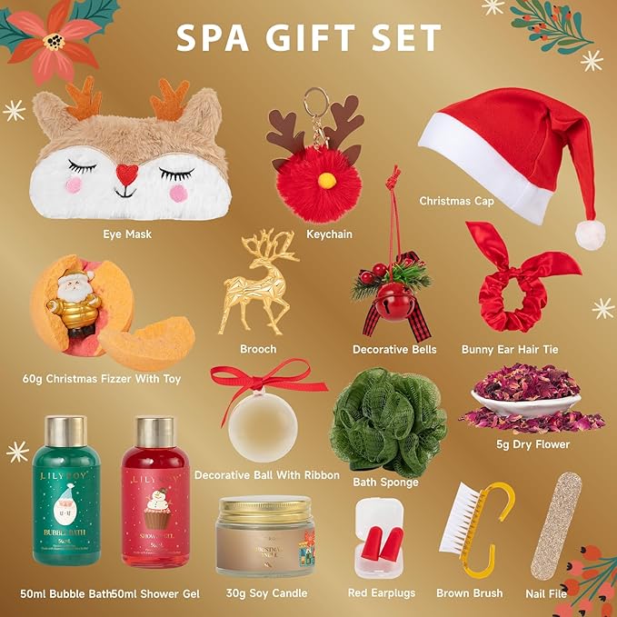 Advent Calendar 2025 Christmas Gifts for Women Mom - Luxury Gift Box with Brooch and Cute Sleeping Mask, Bath and Body Spa Gift for Women｜Spa Set Bath Gift Idea for Female Friends
