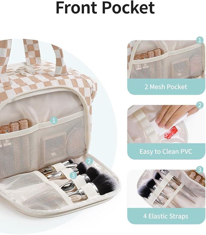 Narwey Travel Toiletry Bag, Wide-open Large Toiletry Bags for Traveling Women, Checkered Travel Bag for Toiletries Cosmetic Makeup Bag Organizer, Skincare Make Up Bag (Light Checkerboard)