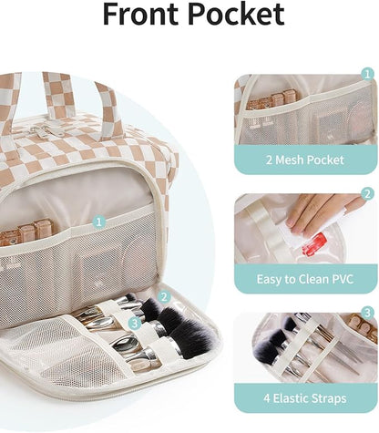Narwey Travel Toiletry Bag, Wide-open Large Toiletry Bags for Traveling Women, Checkered Travel Bag for Toiletries Cosmetic Makeup Bag Organizer, Skincare Make Up Bag (Light Checkerboard)