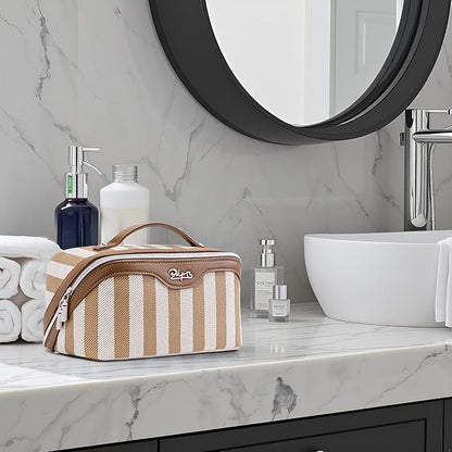 BOYATU Travel Makeup Bag for Women: Large Cosmetic Bag Set of 3 - PU Leather Make up Bag with Compartments - Compact Waterproof Toiletry Bag with Divider & Handle (B-5-Brown)