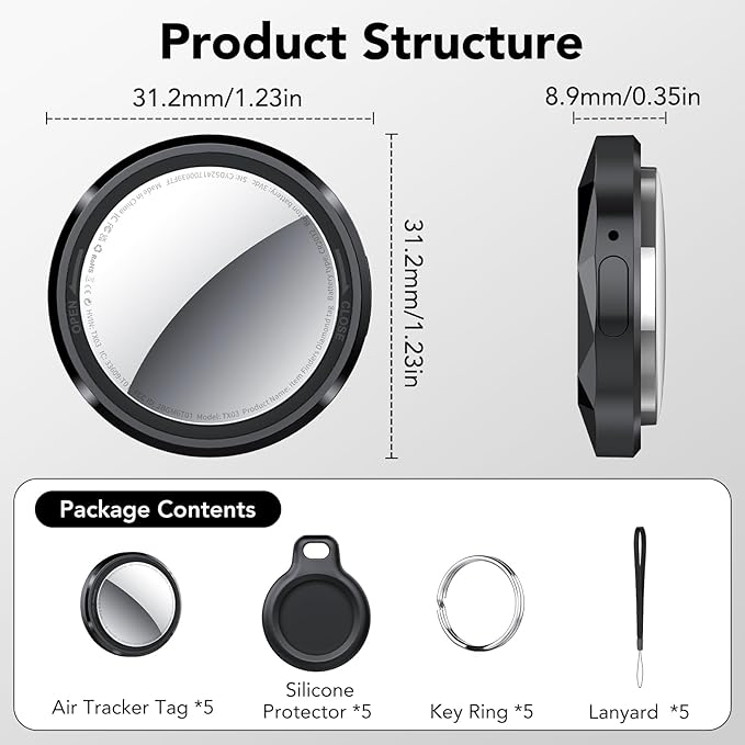 Air Tracker Tags-5 Pack Black | Bluetooth Tracker Work with Apple Find My (iOS Only), Smart Tag with Protective Case/Keychain/Lanyard, Item Finder for Luggage/Key/Suitcase, Replaceable Battery