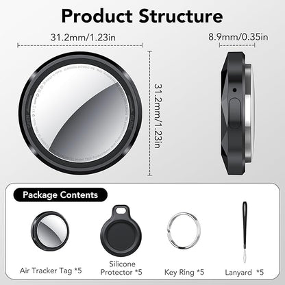 Air Tracker Tags-5 Pack Black | Bluetooth Tracker Work with Apple Find My (iOS Only), Smart Tag with Protective Case/Keychain/Lanyard, Item Finder for Luggage/Key/Suitcase, Replaceable Battery
