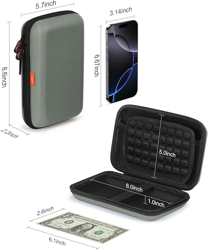 Gray-Green Hard Shell Carrying Case for External Hard Drive, Hard Disk, Power Bank, Charger, Cable, Cell Phone, Electronic Accessories - Larger Capacity Storage Pouch Shockproof Travel Case Bag