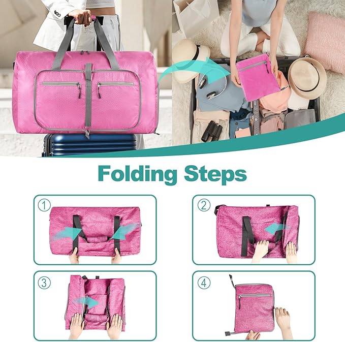 Dimayar Travel Duffle Bag for Men Women - Foldable Duffel Bag with Shoes Compartment - Overnight Bags Waterproof & Tear Resistant(85L,Pink)