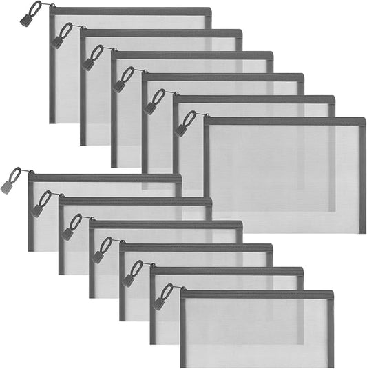 12 Pieces Zipper Nylon Mesh Pouch, Mesh Cosmetic Bags Makeup Bags Pencil Case, Multipurpose Travel Bags for Cosmetic School Office Supplies and Travel Accessories (Grey, A5+B6)