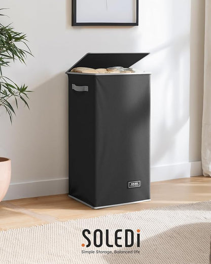 SOLEDI Slim Laundry Hamper with Lid, Narrow Laundry Basket with Removable Bags, Dirty Clothes Hamper with handle, Small Hamper perfect for Laundry room, Bathroom, Bedroom, Small spaces. 70L Black