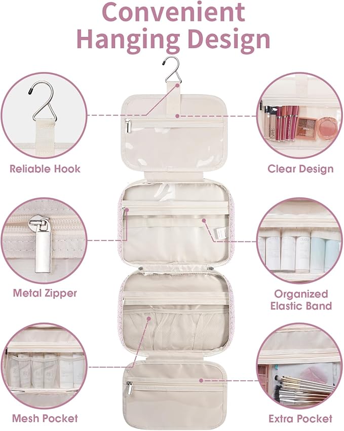 Narwey Travel Toiletry Bag for Women Large Hanging Makeup Bag Organizer Toiletries Bag for Full Size Essentials Accessories Cosmetics (Pink Flower Buds (Large))