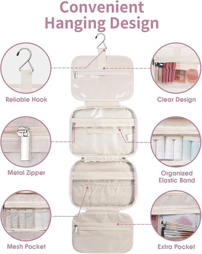Narwey Travel Toiletry Bag for Women Large Hanging Makeup Bag Organizer Toiletries Bag for Full Size Essentials Accessories Cosmetics (Pink Flower Buds (Large))