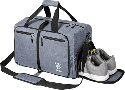 Bago Foldable Duffel Bags for Traveling Women & Men - 60L Medium Packable Duffle Bag for Travel with Shoe Compartment - Water Repellant, Heavy Duty, Lightweight Folding & Collapsible (SnowGray)