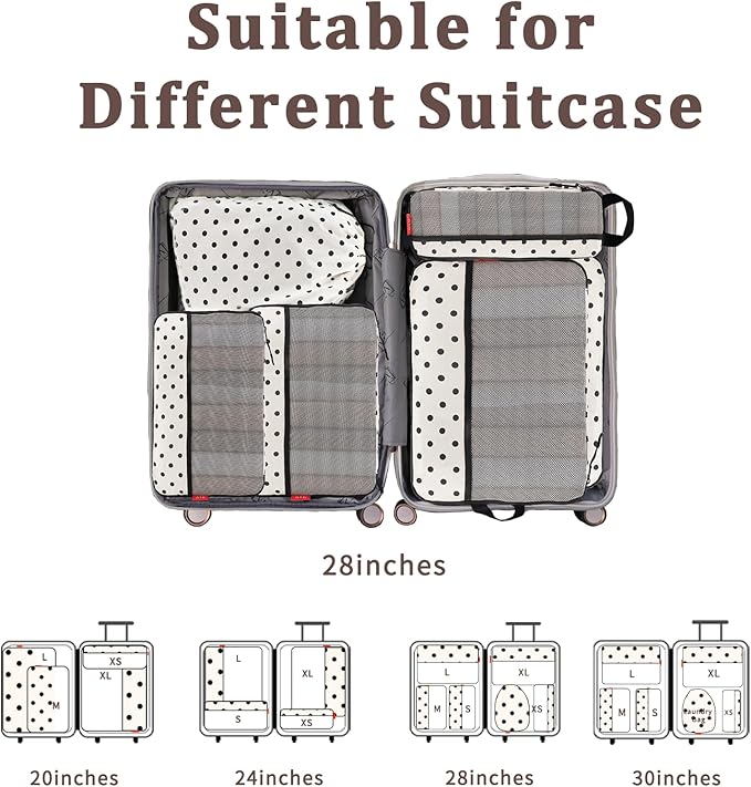 U+U 6 Set Compression Packing Cubes - Ultralight Travel Organizers with Laundry Bag, Space-Saving Suitcase Organizer, Expandable Packing Cubes for Travel, Business Trip and Family Vacation (Polka Dot)