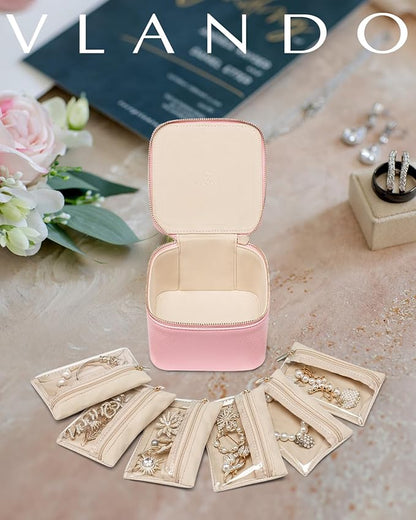 Vlando Travel Jewelry Case,PU Leather Jewelry Storage Organizer Case with 6 pcs Jewelry Bag,Christmas Wedding Birthday Gift Ideas for Women Bride Girls Pale Pink
