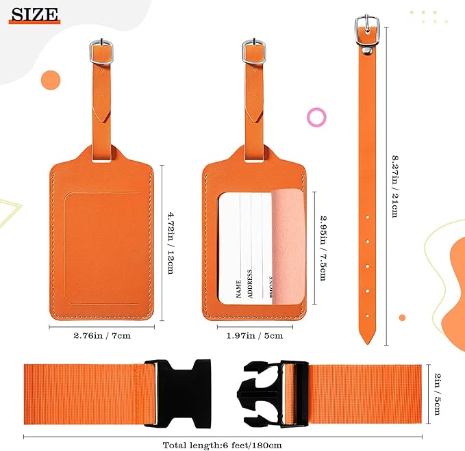 Reginary 8 Pcs Luggage Straps Suitcase Tags Set 4 Travel Adjustable Suitcase Belt 4 PU Leather Luggage Tags Accessories (Orange)