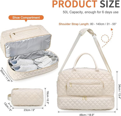 50L Large Travel Duffle Bag for Women, Weekender Overnight Bag W/Shoe Compartment+Wet Pocket+Toiletry Bag TSA Approved, Beige