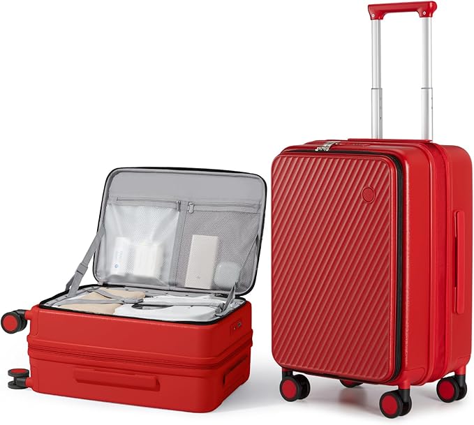 mixi 20 Inch Expandable Carry On Luggage PC Hard Shell Suitcase Top Opening Rolling Travel Suitcases with Spinner Wheels & TSA Lock, Red