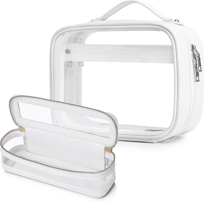 Pinkmik Travel Makeup Bag Set Portable Clear Cosmetic & Toiletry Case Women's Purse Organizer and Car Essentials with Zipper (White, M+SLIM-2)