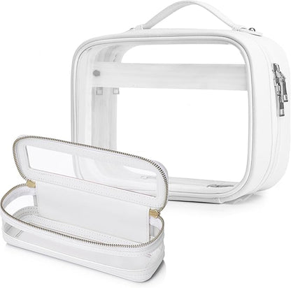 Pinkmik Travel Makeup Bag Set Portable Clear Cosmetic & Toiletry Case Women's Purse Organizer and Car Essentials with Zipper (White, M+SLIM-2)