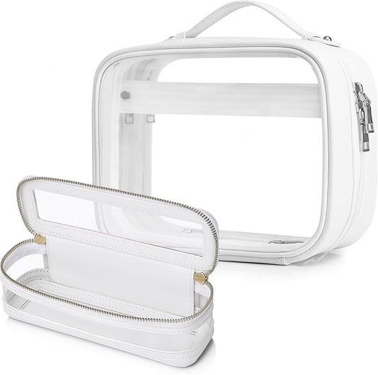 Pinkmik Travel Makeup Bag Set Portable Clear Cosmetic & Toiletry Case Women's Purse Organizer and Car Essentials with Zipper (White, M+SLIM-2)