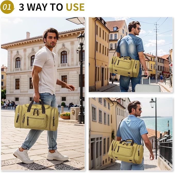 Expandable Canvas Duffel 50cm-58cm, Sturdy Zipper and Reinforced Handles, Lightweight Carry-On Weekender Bag for 3-5 Day Trips, Khaki