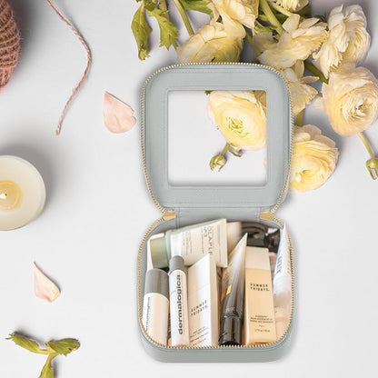 Prite Small Makeup Bag for Women Portable Clear Makeup Bag Cute Mini Waterproof Travel Cosmetic Bag with Gold Zipper for Car Essentials(Grey)