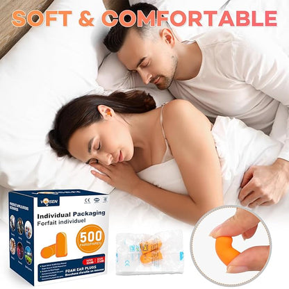 VOISEN Ear Plug,500 Pairs Ear Plugs for Sleeping,32dB NRR 37dB SNR Ear Plugs Noise Cancelling for Snoring, Studying, Loud Events, Traveling & Concerts, Individual Package