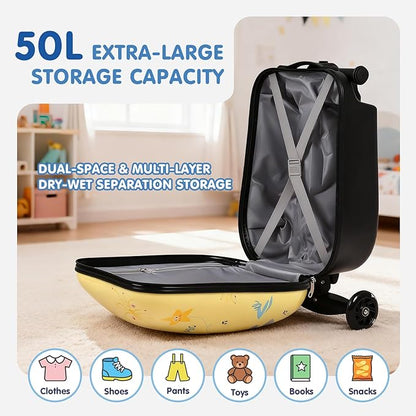 smilesun 4-in-1 Detachable Scooter Luggage for Kids & Teens, Hardside Ride-On Suitcase with Dinosaur Design, Lightweight Foldable, Perfect Travel Gift for Boys(Yellow 22-inch)