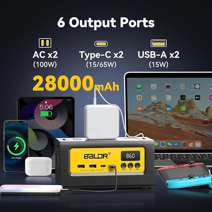 BALDR Portable Power Station 28000mAh, 90Wh LiFePO4 Battery Backup Camping Solar Generator Fast Charging with AC Outlet 150W Peak Power Bank for Home Backup Outdoor Emergency