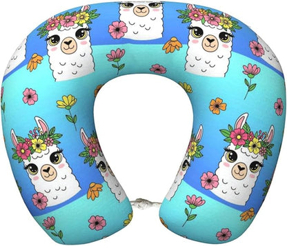 Neck Pillows for Travel Cute Alpaca Llama Flowers, Women and Men Airplane Car Pillow, Neck Support U Shaped Pillow for Rest Pain Relief Sleeping
