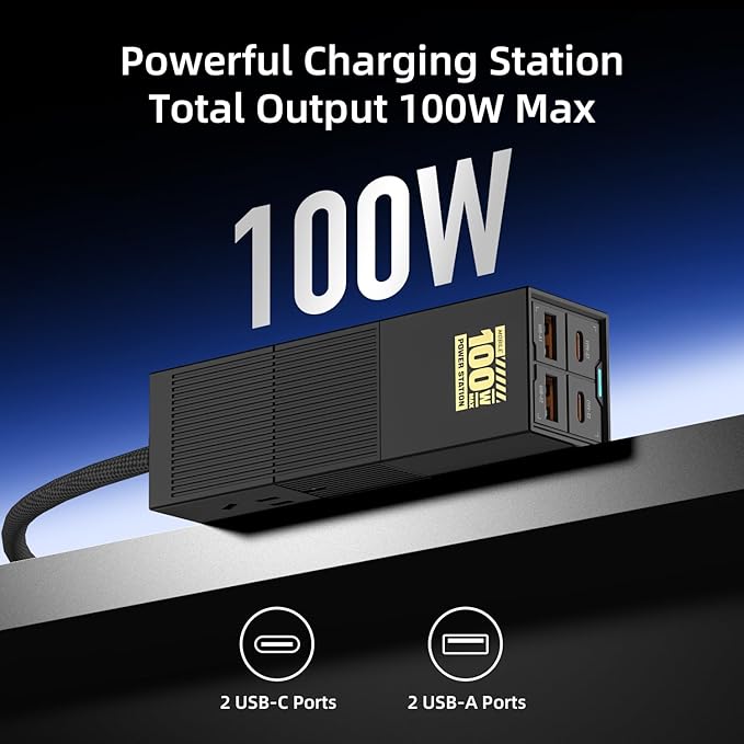 MFish 100W USB C Charger, Foldable Fast Laptop GaN Charger, 4-Port USB C Wall Charger Power Adapter Ports for MacBook Pro 17, 16'', Dell XPS, iPhone 17/16/15 Pro Max, 6-in-1 Power Strip