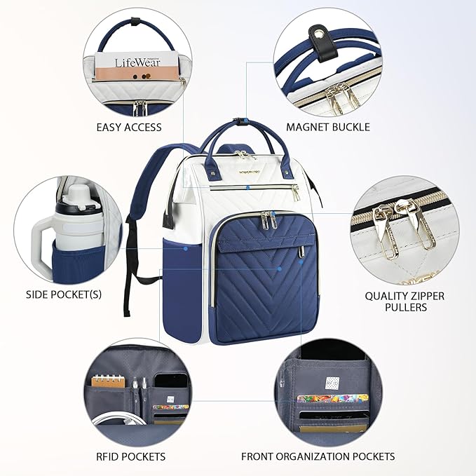 VANKEAN 17 Inch Laptop Backpack for Women Men Fashion Computer Work Bag, Large Capacity Waterproof Backpack with USB Port & RFID Pockets, College Daypack Business Travel, Beige-Haze blue