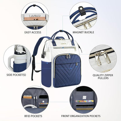 VANKEAN 17 Inch Laptop Backpack for Women Men Fashion Computer Work Bag, Large Capacity Waterproof Backpack with USB Port & RFID Pockets, College Daypack Business Travel, Beige-Haze blue