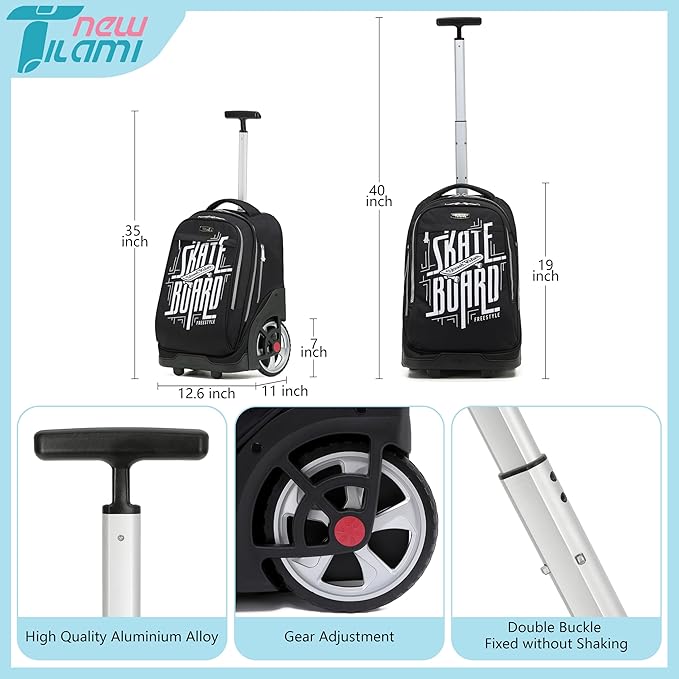 NEW TILAMI 19 Inch Rolling Backpack with Lunch Bag for Girls Boys Wheeled Laptop Backpack Durable Carry-on Bag School Travel, Skate Board