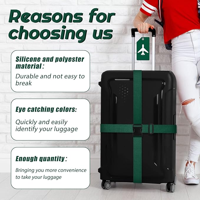 Weewooday 8 Pcs Luggage Straps Suitcase Tags Set for TSA Approved, 4 Travel Adjustable Suitcase Belt, 4 Silicone Luggage Tags with Name ID Card Travel Accessories(Dark Green,Airplane)