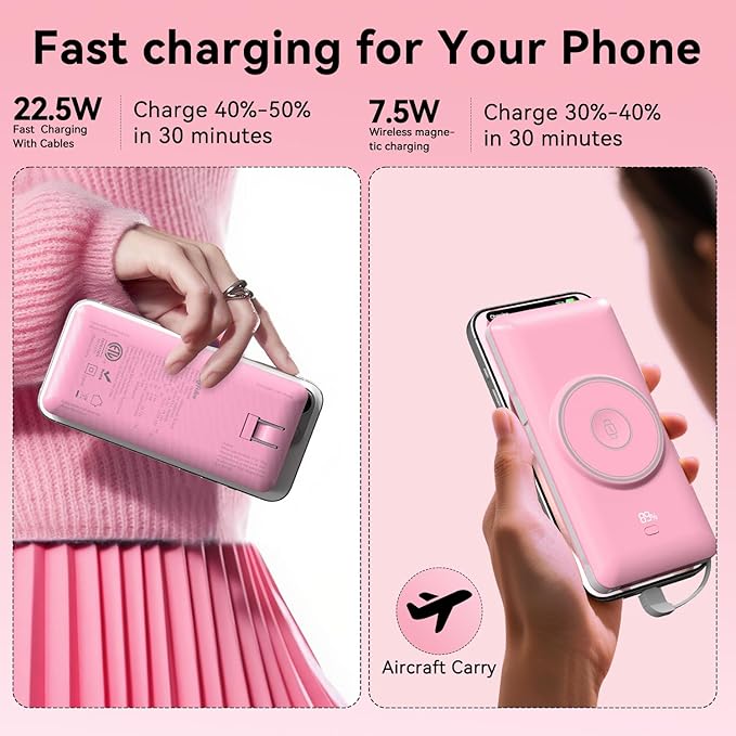 Magnetic 10000mAh Portable Charger for iWatch & iPhone, 22.5W USB C Fast Charging Wireless Power Bank Built-in Cables and Wall Plug, External Travel Battery Pack Compatible with iOS Android Devices