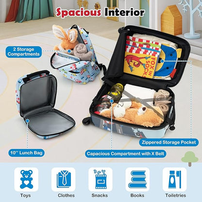 Goplus 5 Piece Kid’s Luggage Set, 16” Carry on Suitcase w/13” Backpack, Neck Pillow, Hardside Spinner Toddler Luggage, Travel Rolling Suitcase for Boys Girls Gifts (Blue, Car)