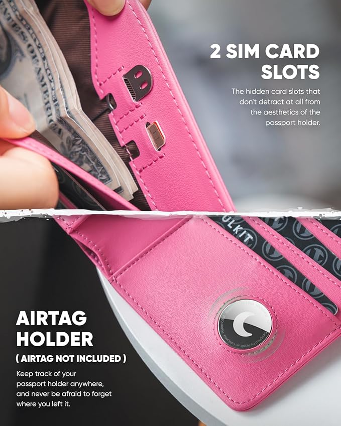 VULKIT Passport Holder with Airtag Holder RFID Blocking Passport Wallet Travel Leather Passport for Women(Rose)