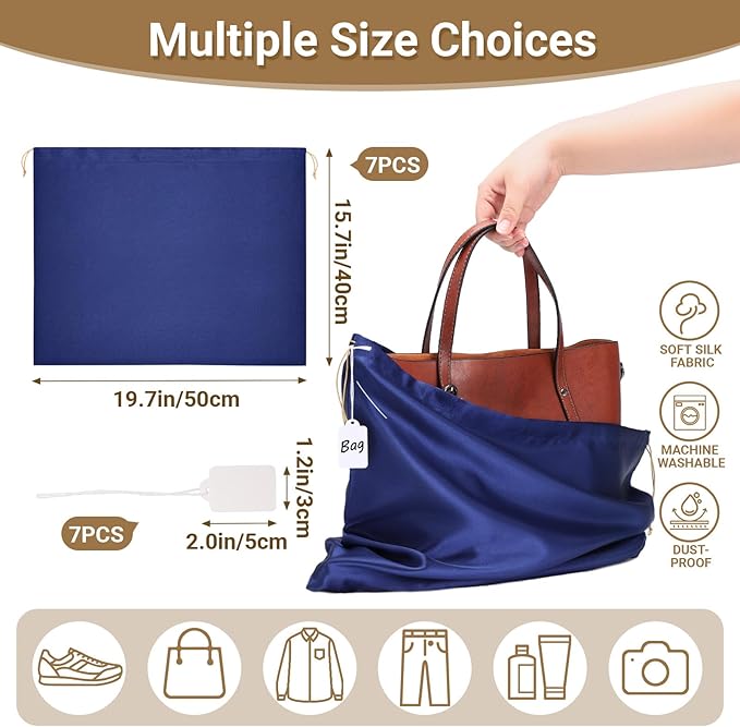 Ewen 7 Pack Satin Drawstring Shoe Bags with Tags, 19.6x15.7in Dust Bags for Handbags Travel Essentials, Dark Blue Packing Bag Dustproof Purse Shoes Organizer for Closet Home Storage and Organization