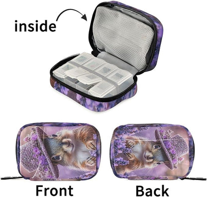 Pretty Lavender Squirrel Cute Pill Organizer Weekly Travel Pill Box 7 Day Large Capacity Pill Dispenser Case with 8 Pill Container Daily Pill Box Organizer Vitamin Holder Pill Bottle Organizer